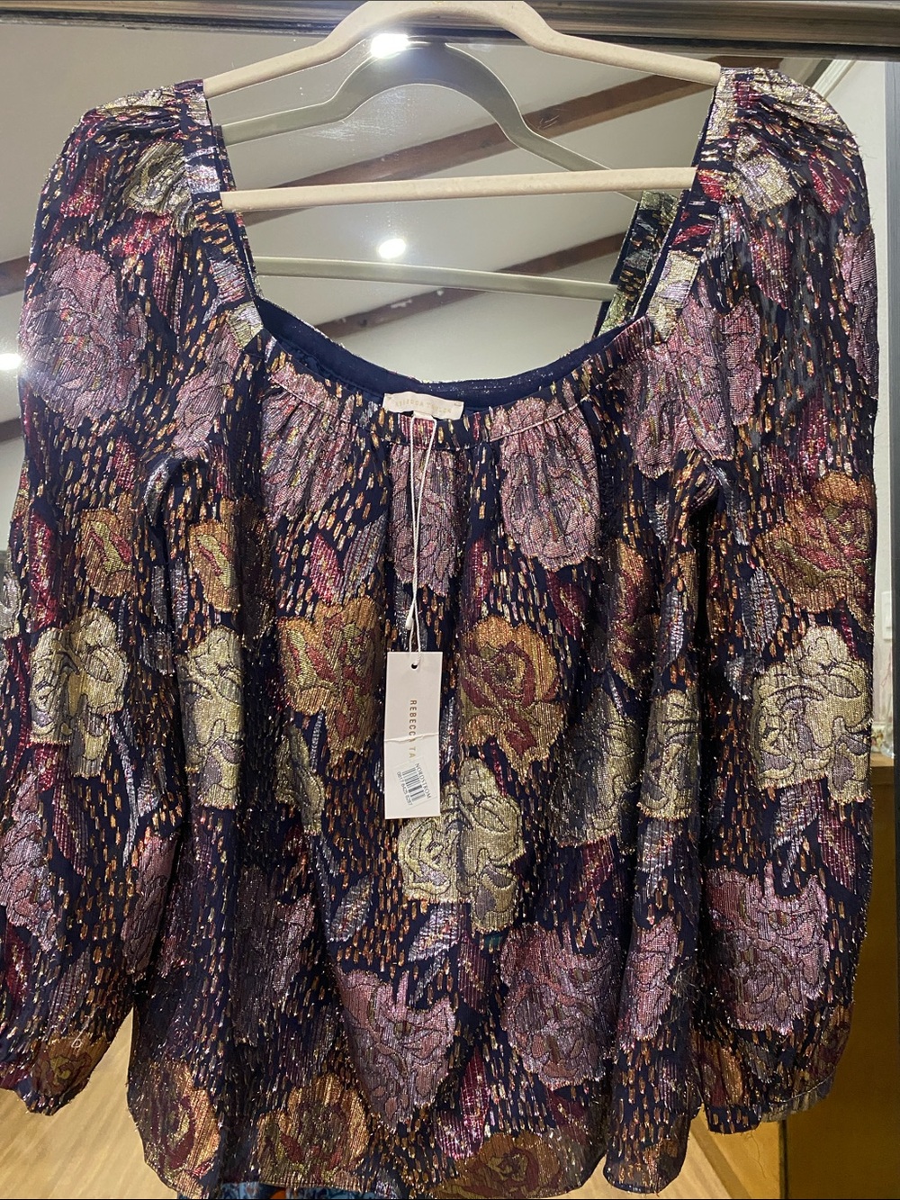 Rebecca Taylor Navy Blouse with Gold & Pink Floral Jacquard